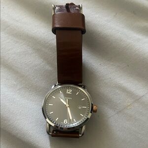 Fossil Brown Leather Strap Watch with Gray Dial and Rose-Gold Crown